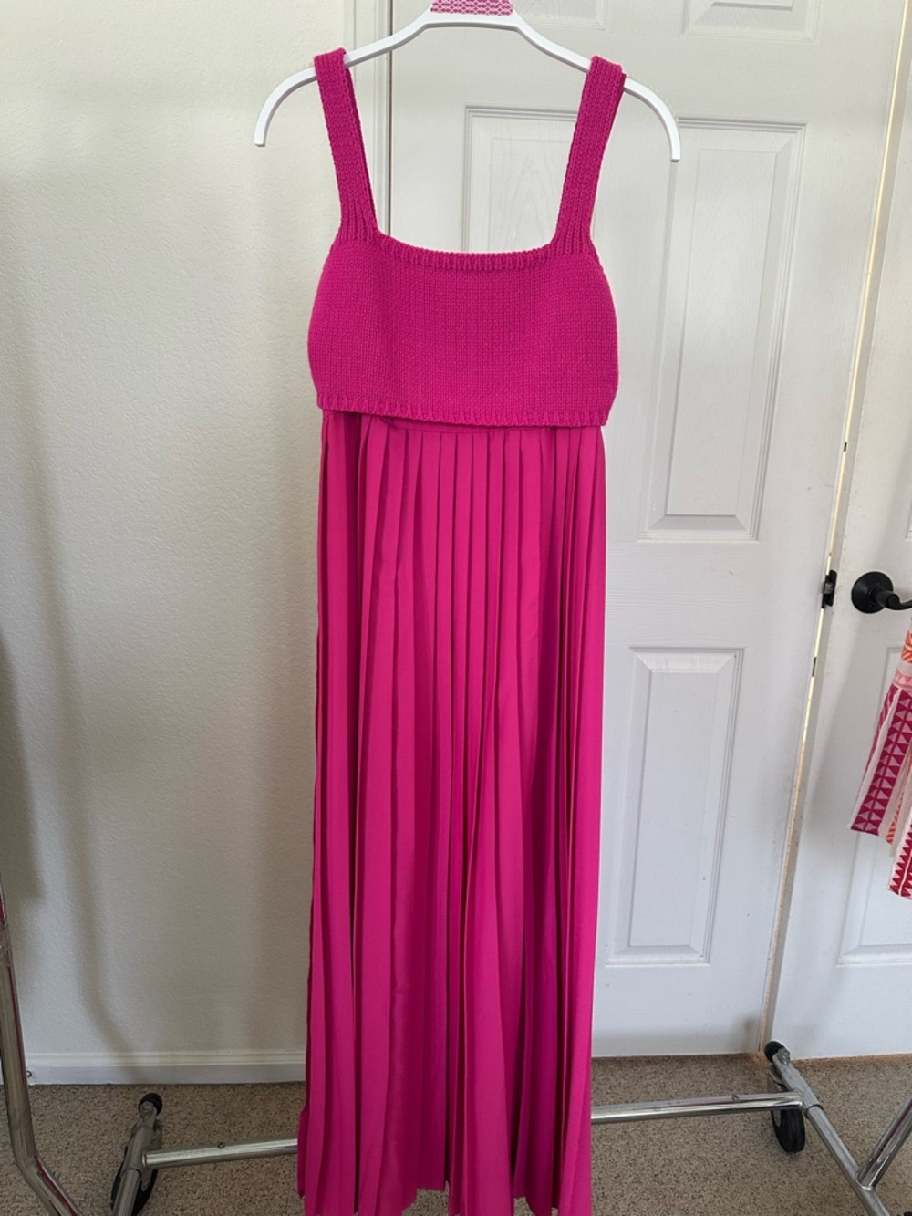 Fuchsia Knit-Bodice Pleated Maxi Dress